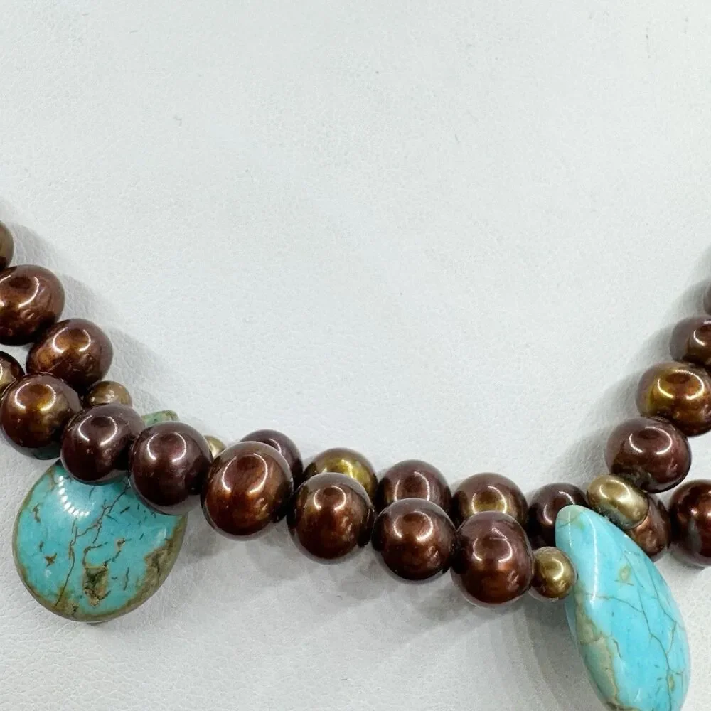 Turquoise Teardrop Bronze Pearl Double Strand Necklace Sterling Silver Bohemian